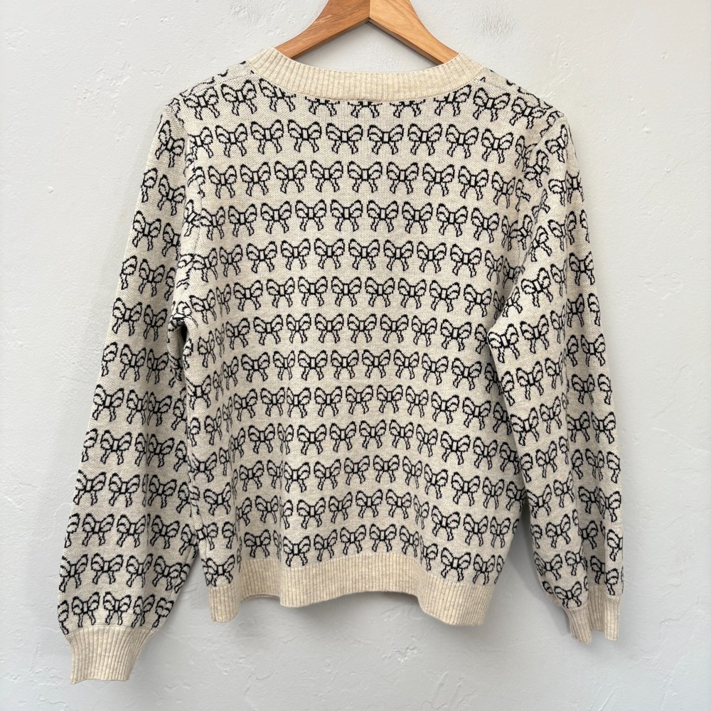 ICHI Ihbrielle Knit Cardigan Women Size Medium Bows Beige Black Button Up - Picture 10 of 15